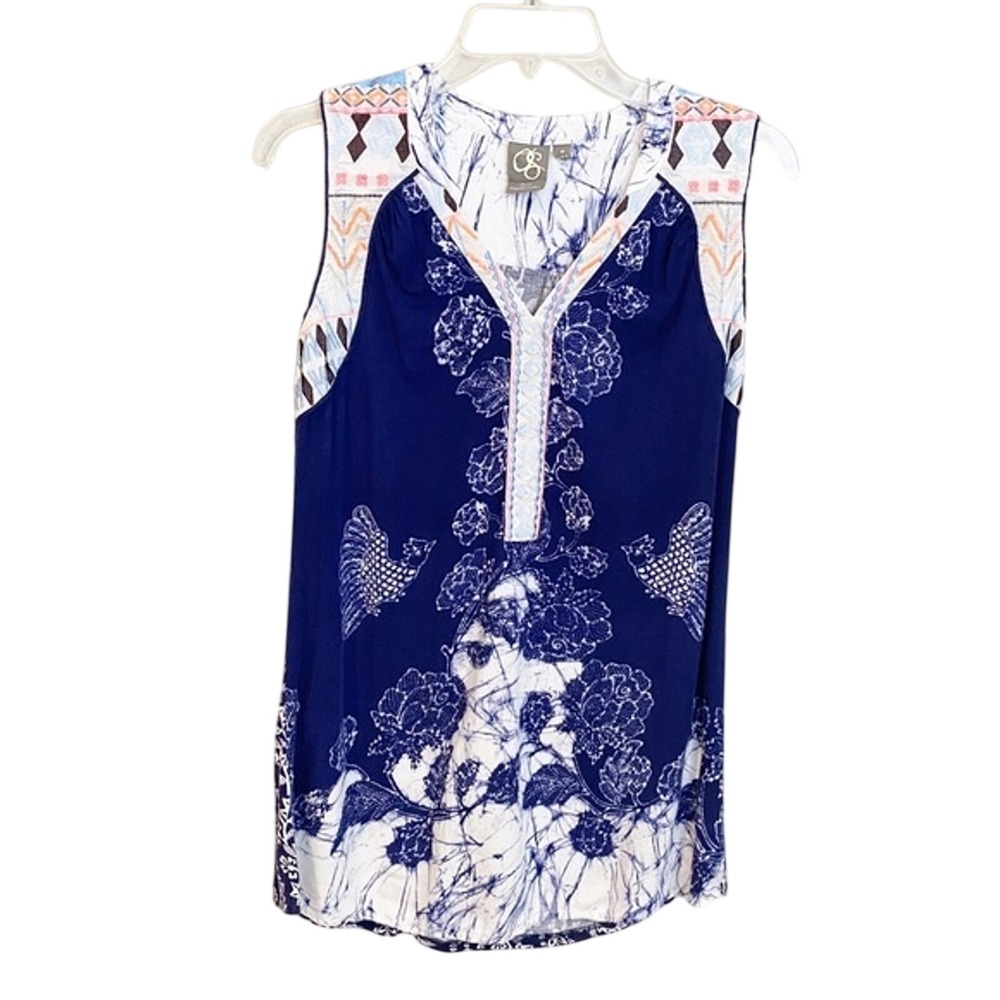 One September Anthropologie Navy Blue Floral Batik Embroidered Sequin Tank Top S